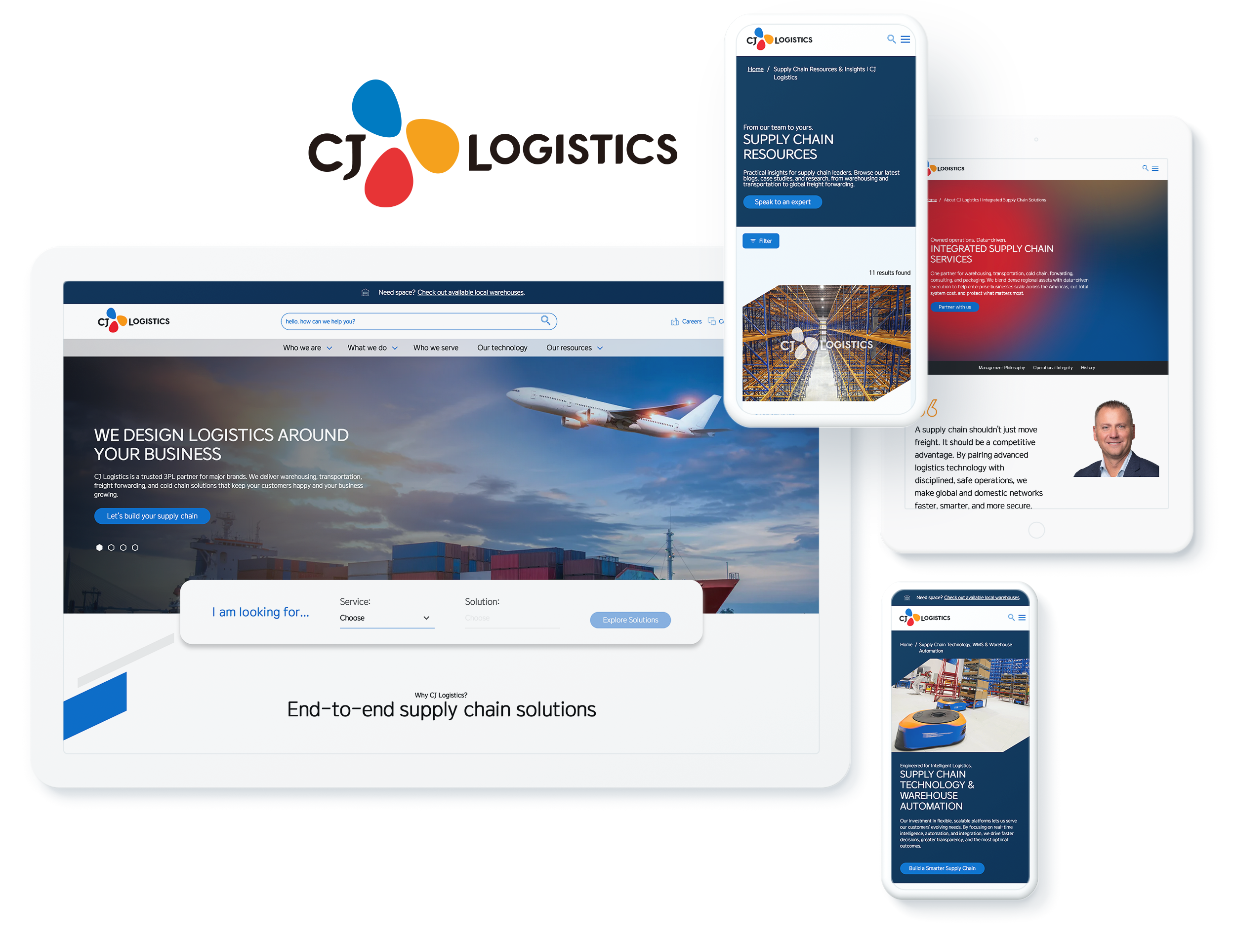 CJ Logistics transportation website across devices, displaying web design and development success for supply chain services