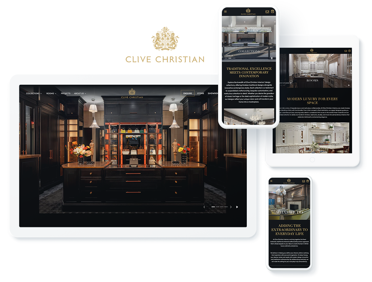 Clive Christian luxury interior design website on devices, showcasing web development, design, and digital marketing success