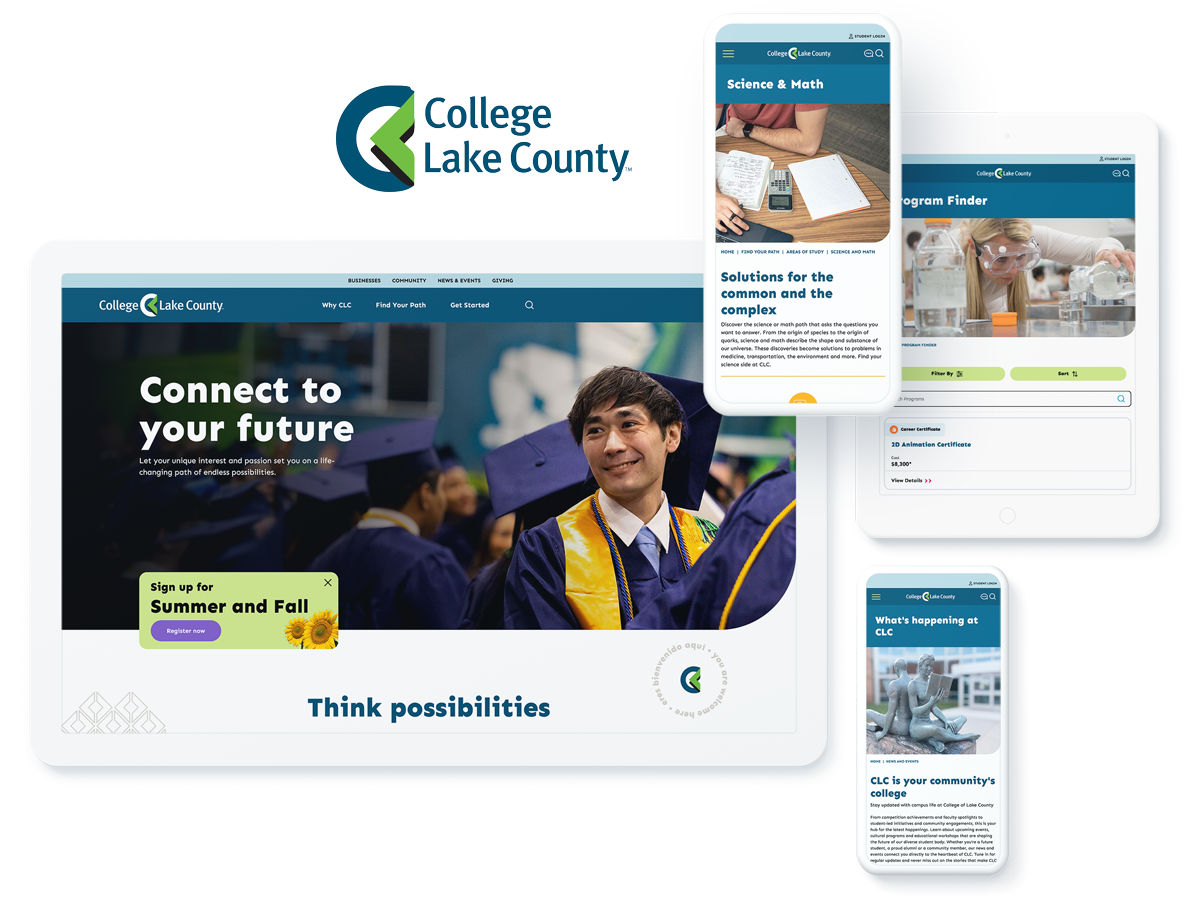 College of Lake County website on devices, highlighting business success with website agency services for education