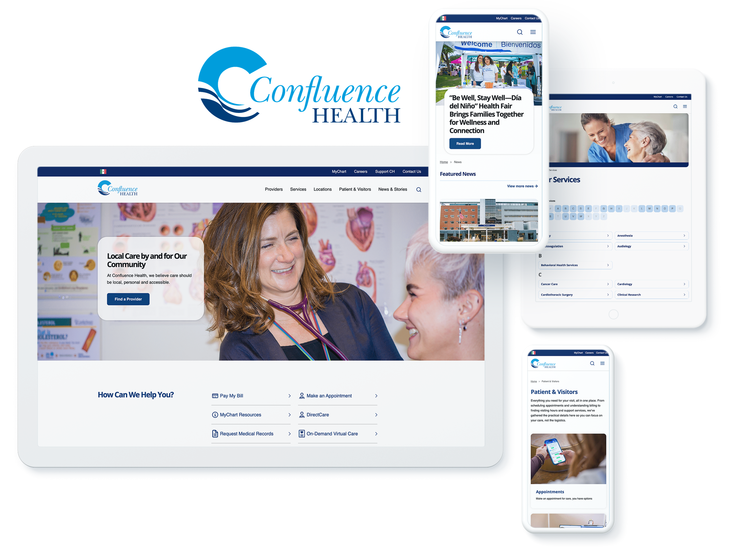 Confluence Health website across devices, showcasing web design and development success for patient care and health services