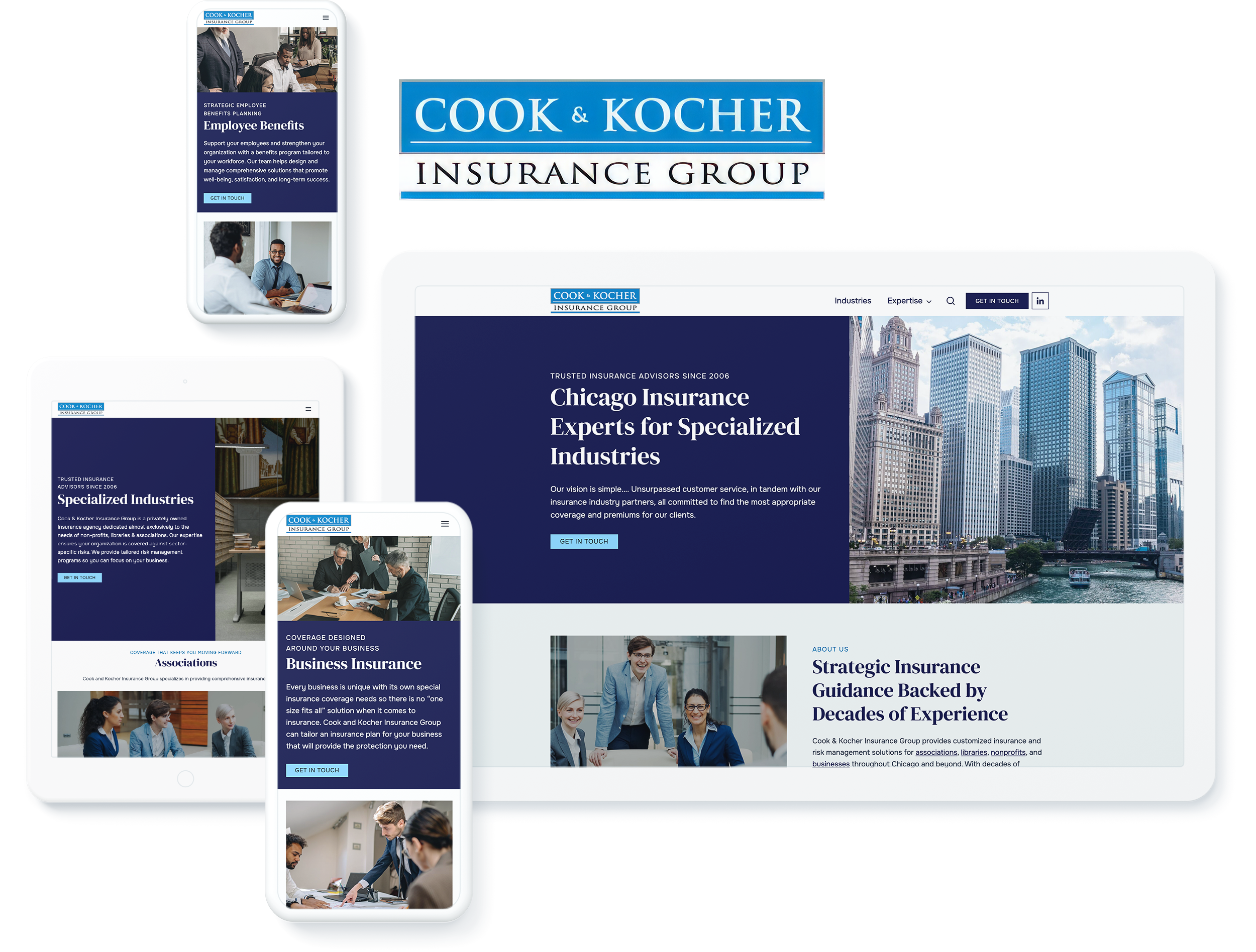 Cook & Kocher website across devices, showcasing web design and development success for specialized insurance services