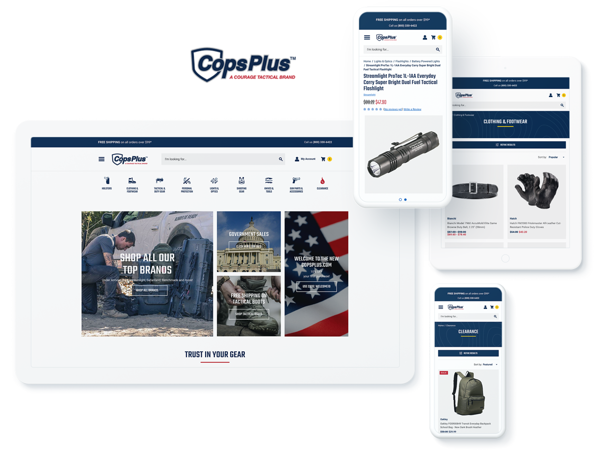 CopsPlus website on device screens, highlighting success with website design and development agency services for ecommerce