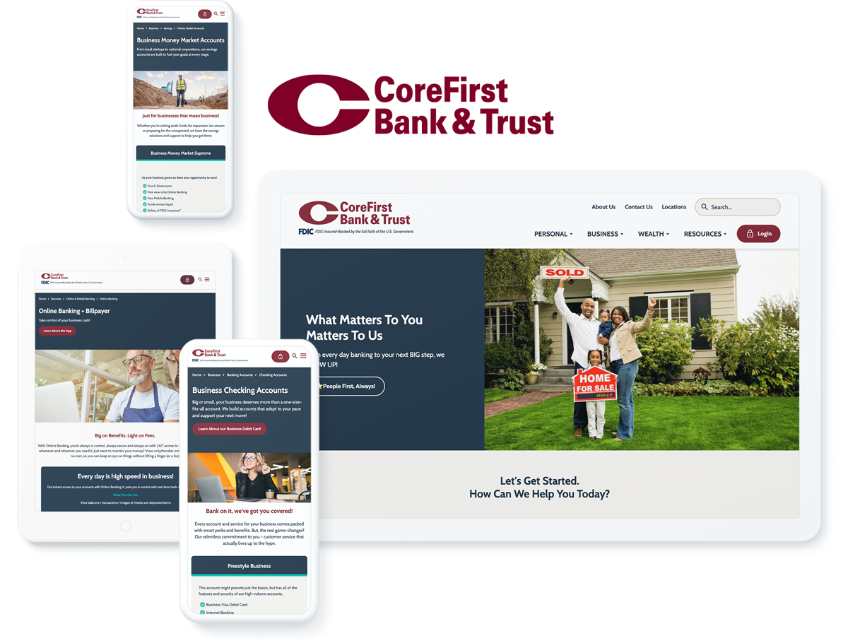 CoreFirst Bank & Trust website on digital devices showcasing successful digital marketing for banking