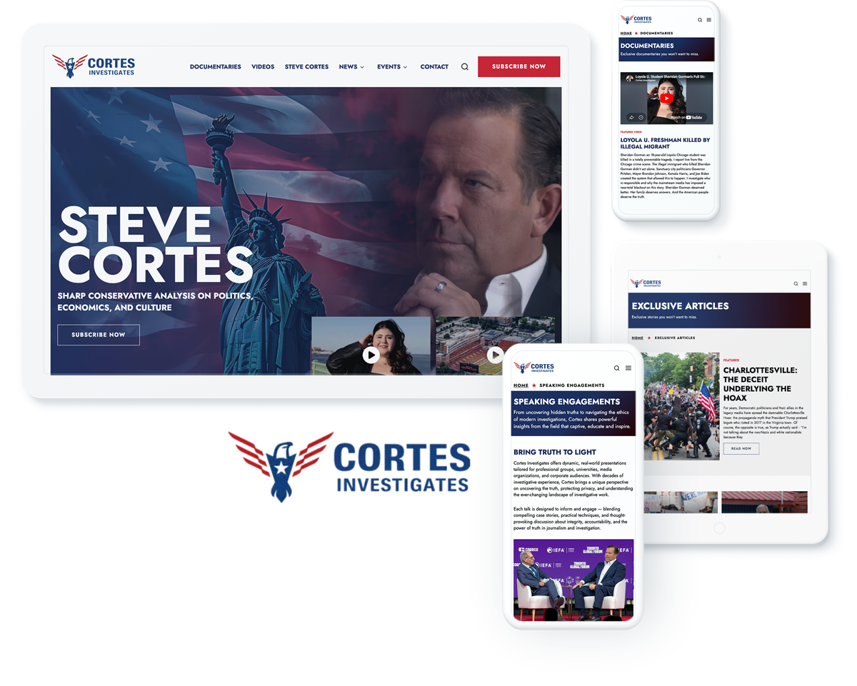 Cortes Investigates website on digital devices showcasing successful digital marketing for government and politics
