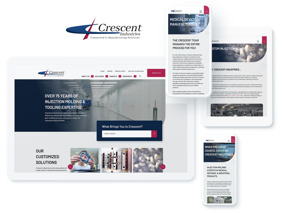 Crescent Industries website on devices, highlighting success with digital marketing and website company for manufacturers