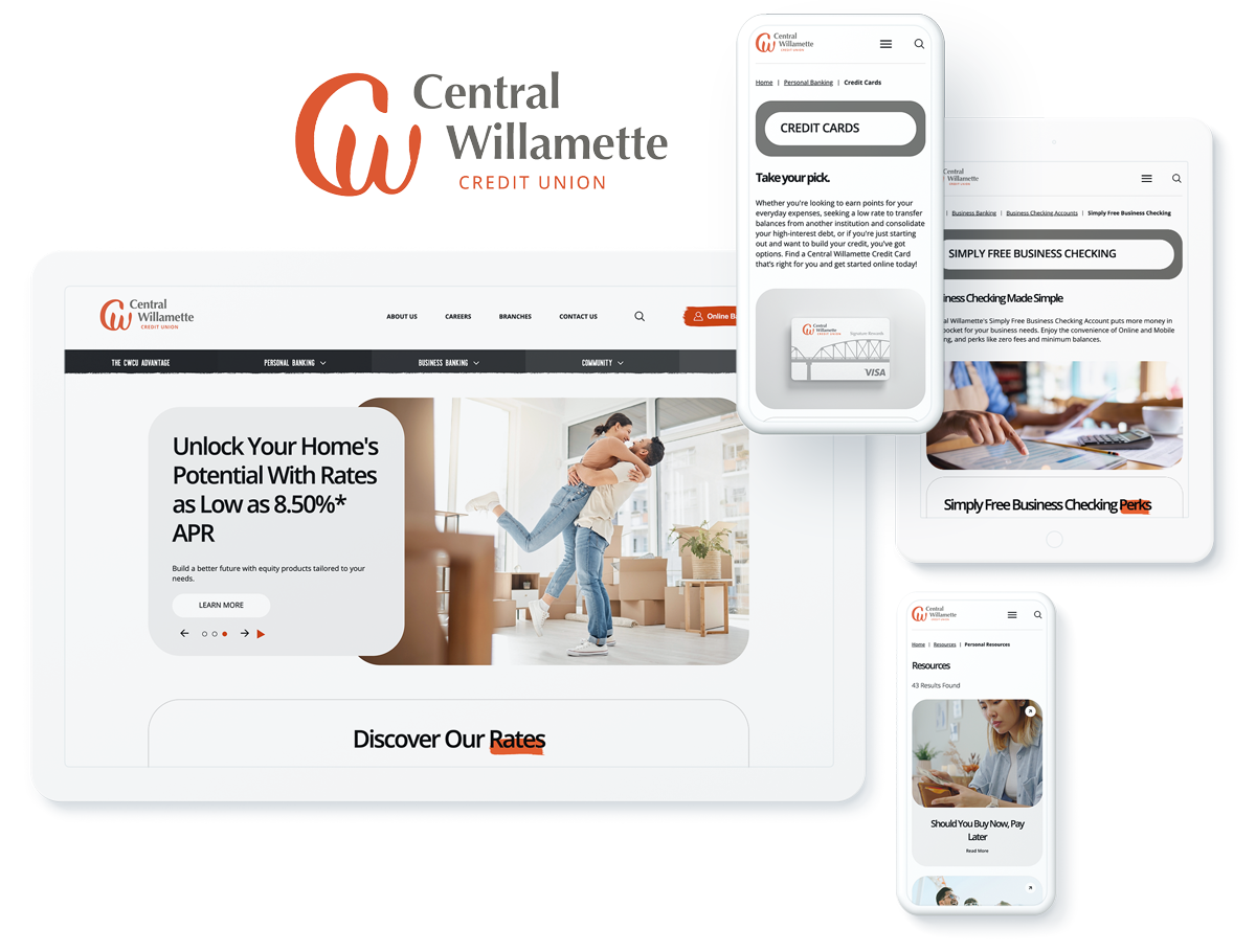 Central Willamette Credit Union website on device screens, highlighting business success with Kentico web development partner