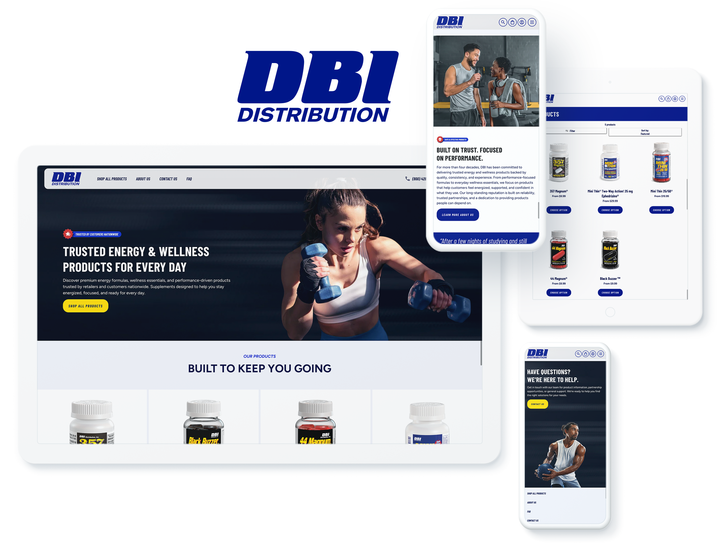 DBI Distribution ecommerce website showcasing energy and wellness products across devices, indicating web development success