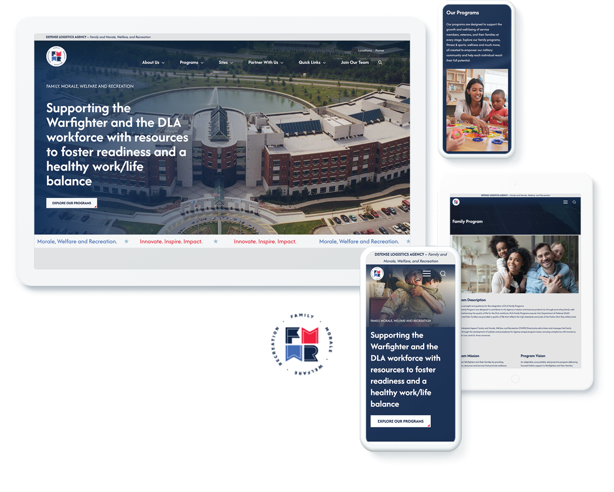 Defense Logistics Agency FMWR website on devices, showcasing successful web design and development services for associations