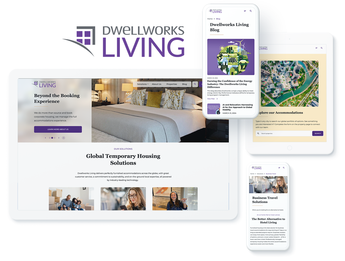 Dwellworks website on device screens, highlighting b2b website success with web design and development company