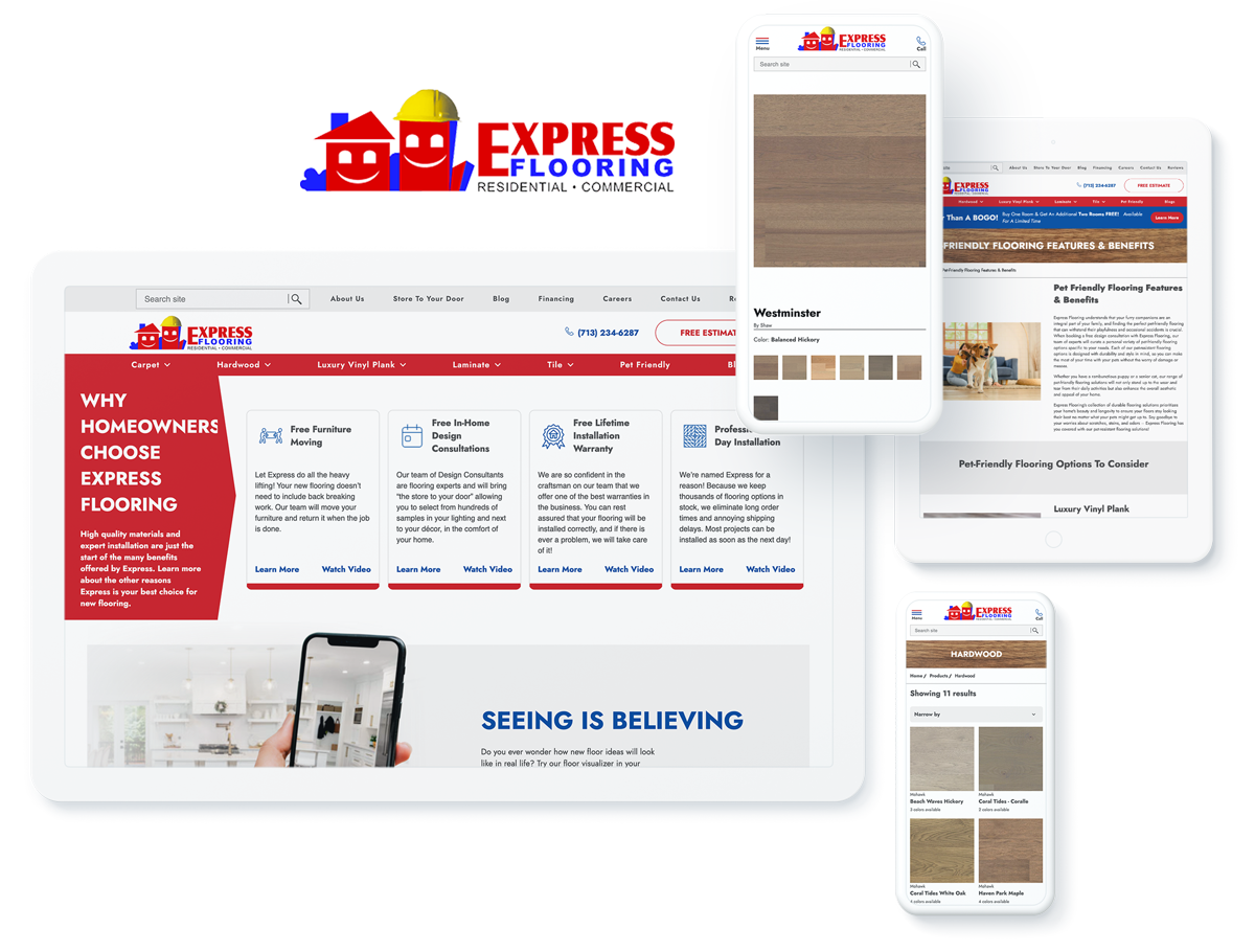 graphic of Express Flooring website on device screens, representing business success with website development agency services