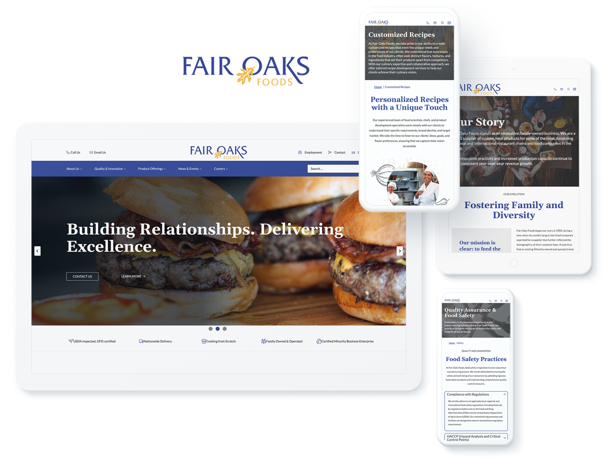 Fair Oaks Foods website on devices, highlighting success with website design and development services for food industry