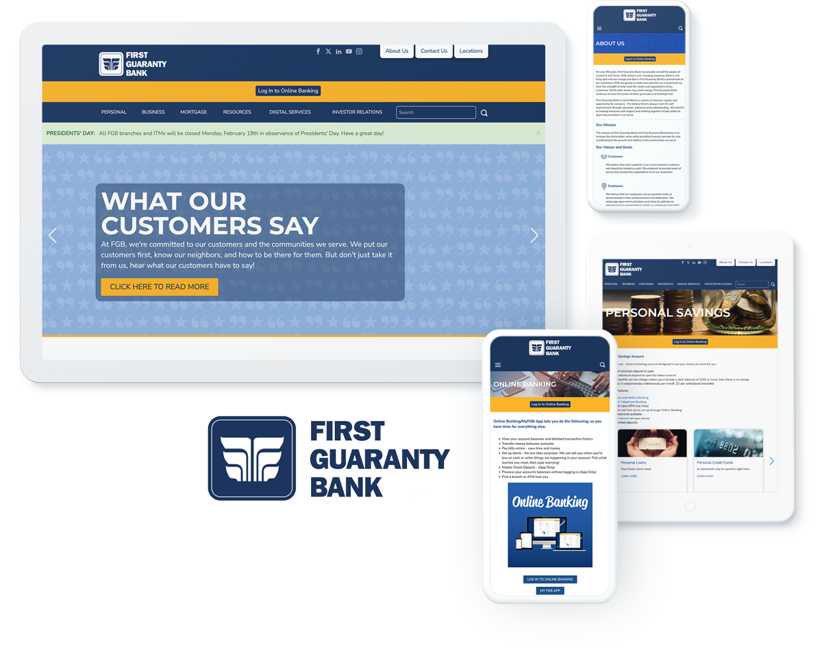 Collage of First Guaranty Bank's responsive website design across multiple devices, showcasing online banking and customer testimonials.