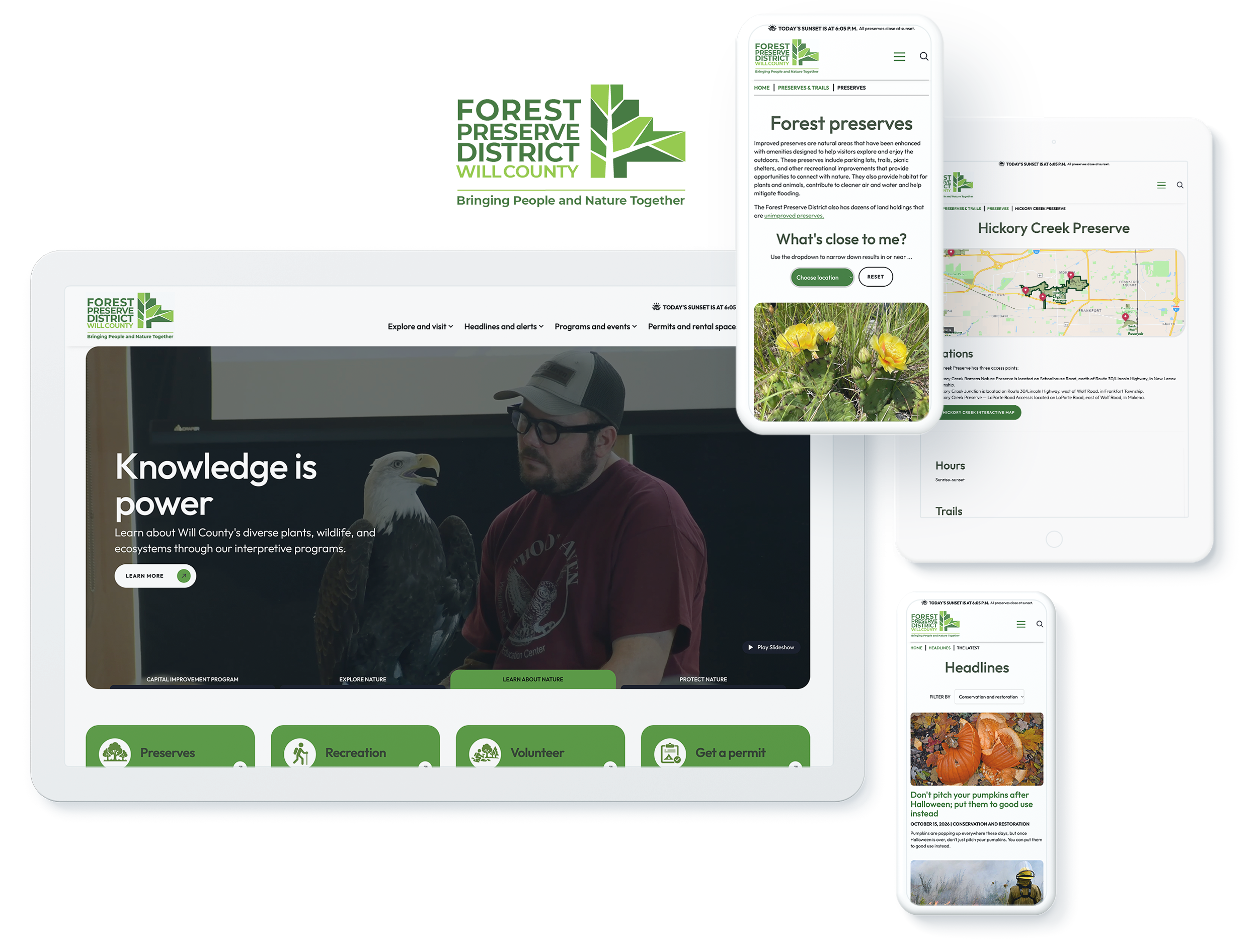 Forest Preserve District of Will County site across devices, depicting web development success for parks & public recreation