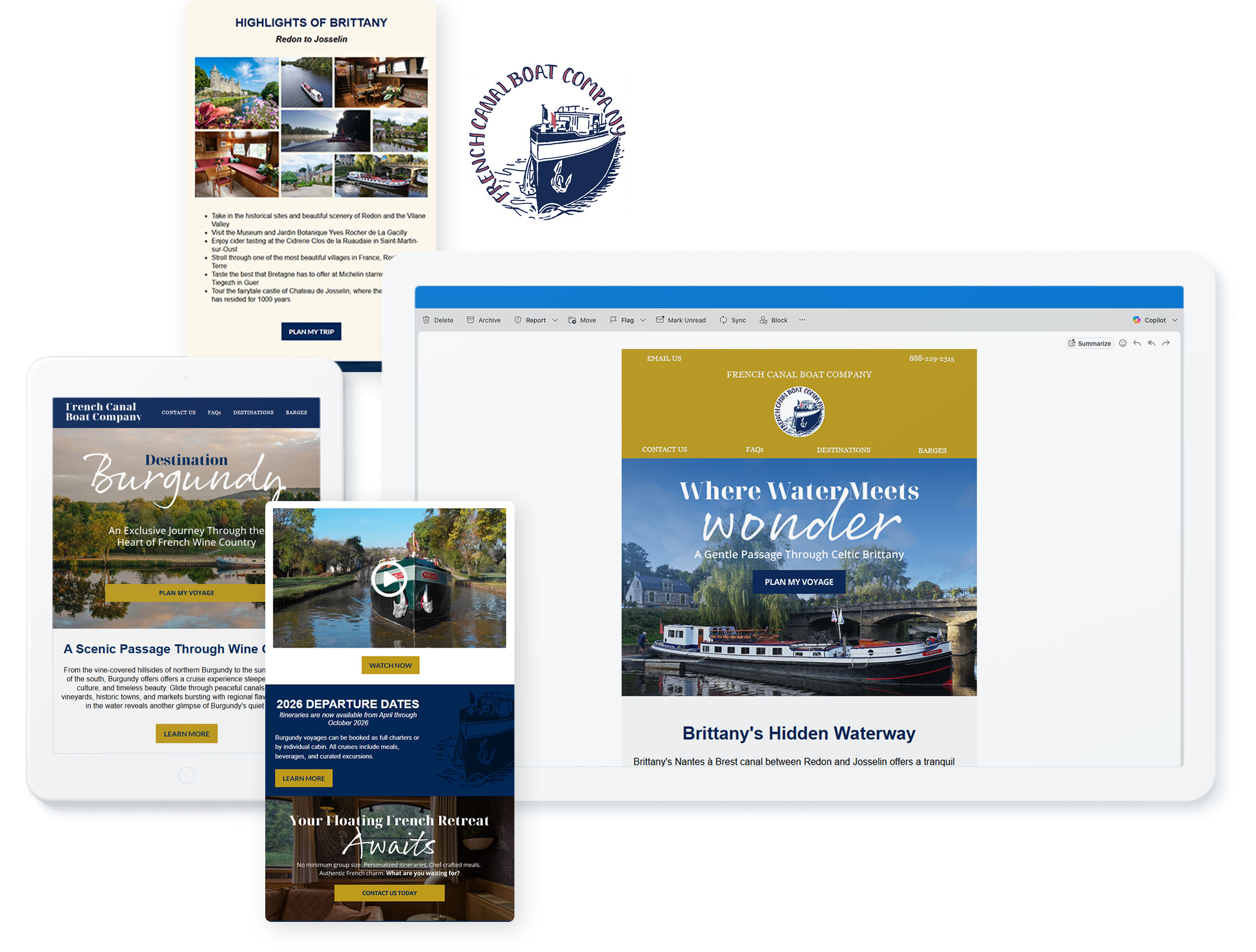 French Canal Boat Company website on devices, displaying success with travel website design and development services.