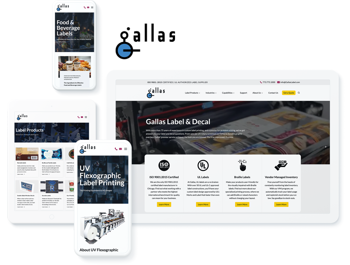 Gallas Label & Decal website on devices, representing business success with web development agency services for manufacturing
