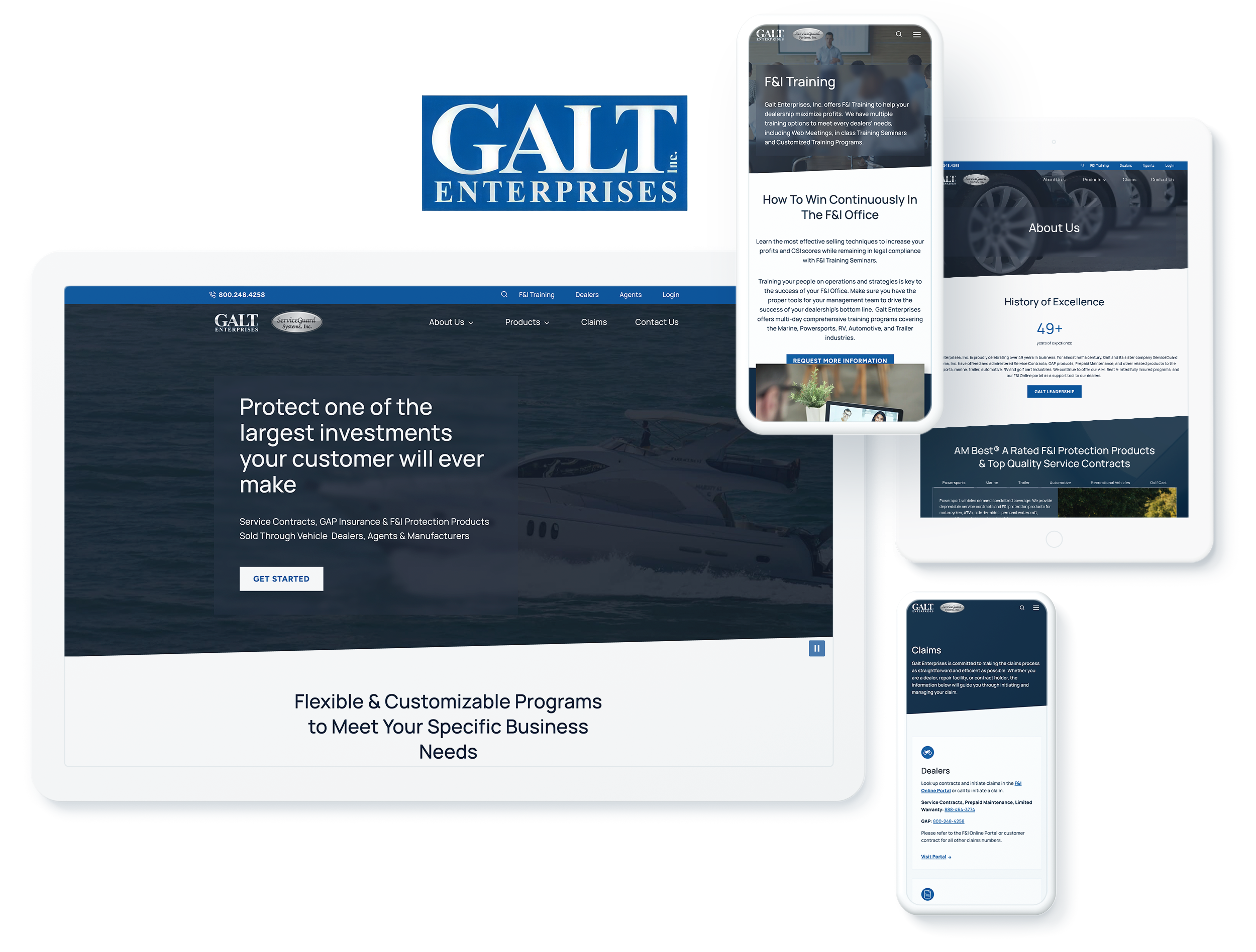 Galt Enterprises website across devices, highlighting web design and development success for F&I protection products provider