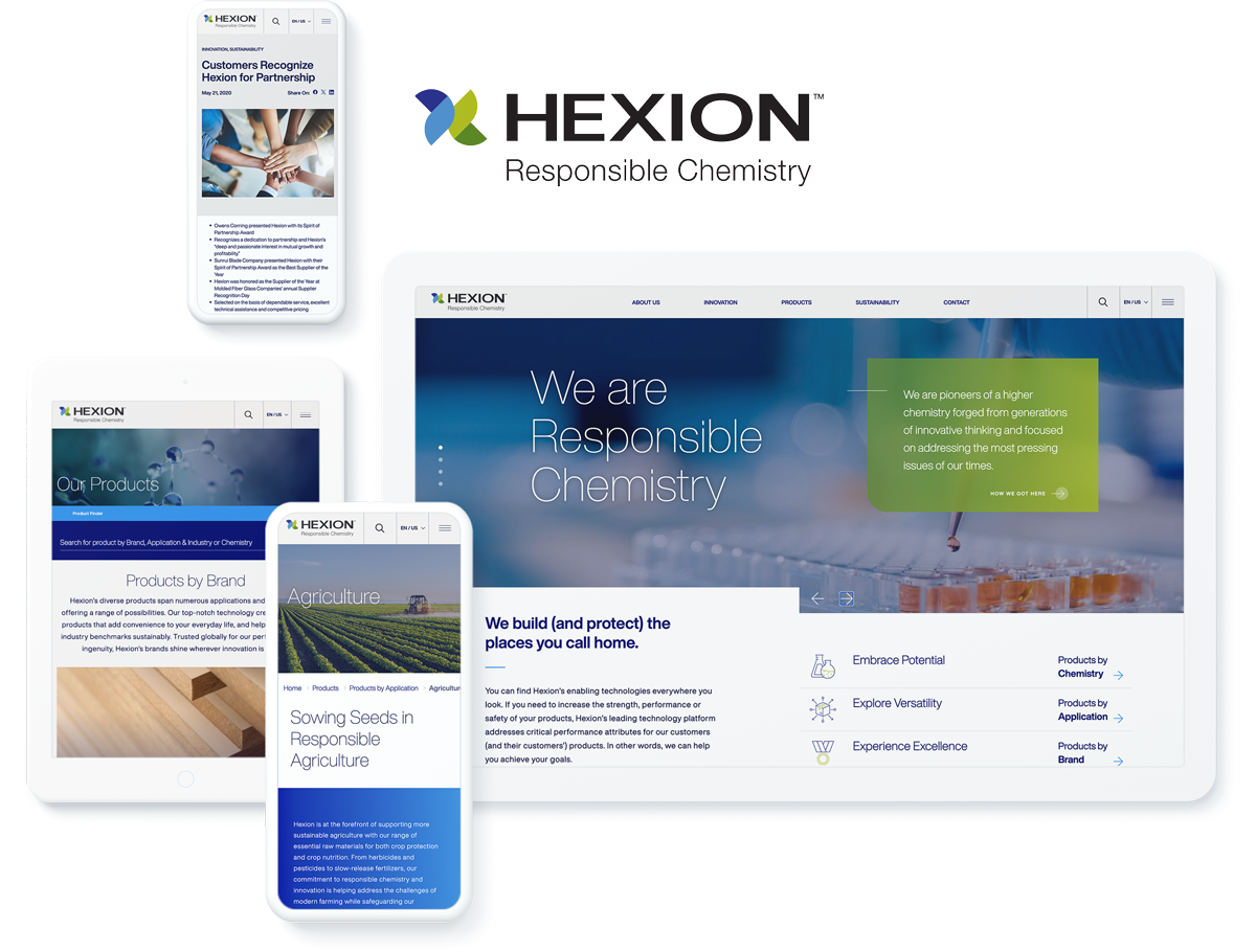 Hexion website on device screens, highlighting success with Sitefinity web design and development agency services