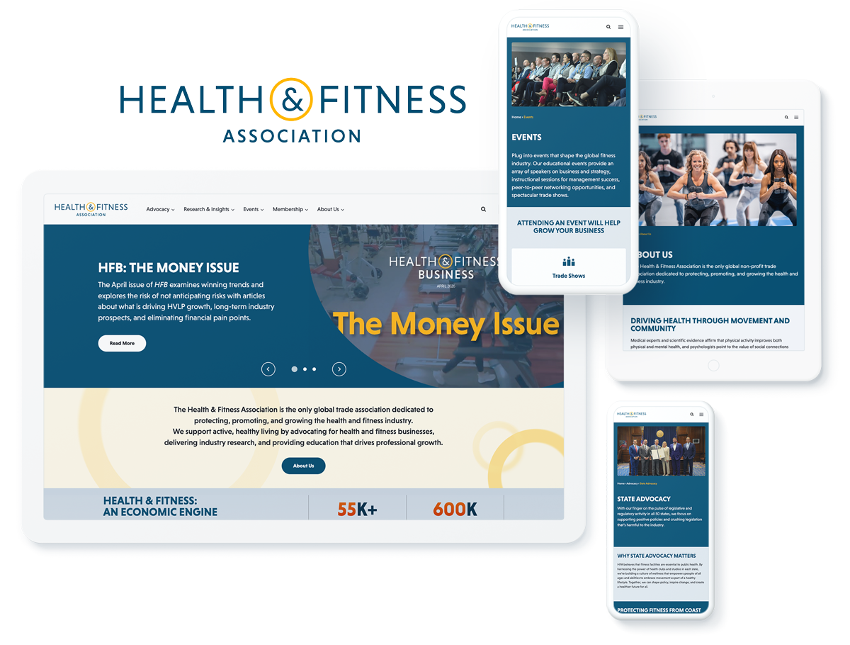 Health & Fitness Association website on digital devices showcasing successful digital marketing for health and fitness association