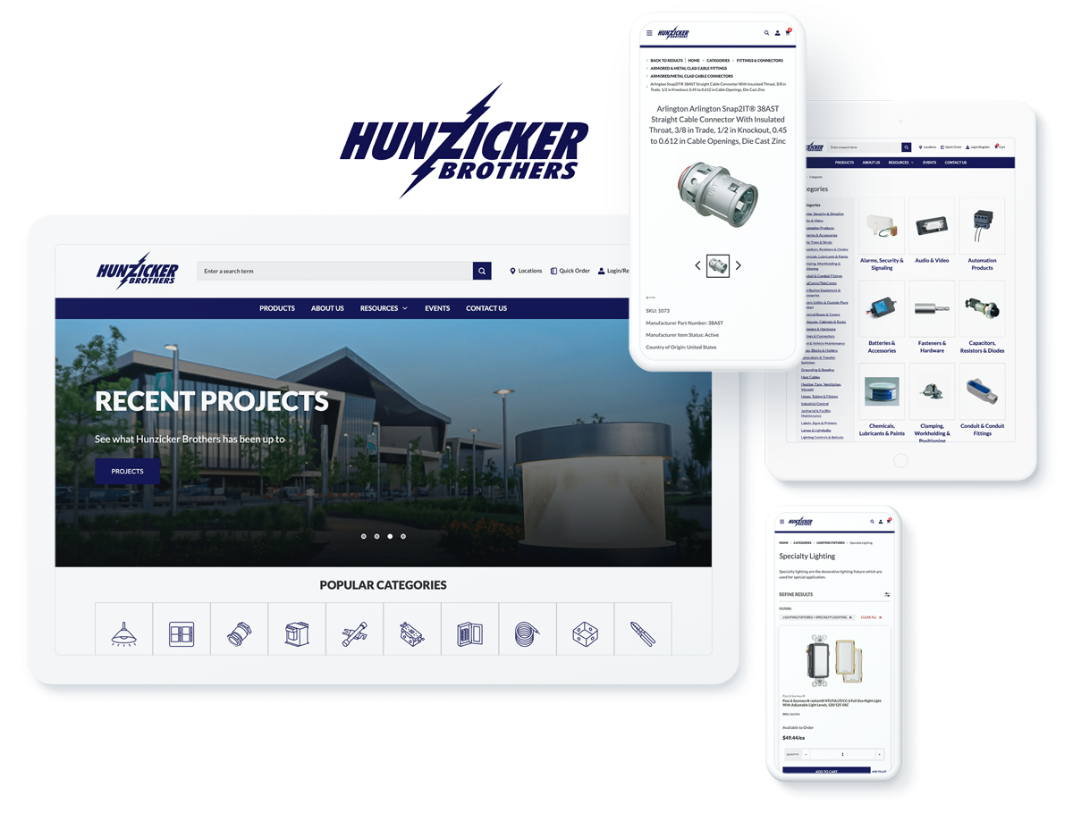 Hunzicker Brothers website on device screens, showcasing success with ecommerce website design and development company