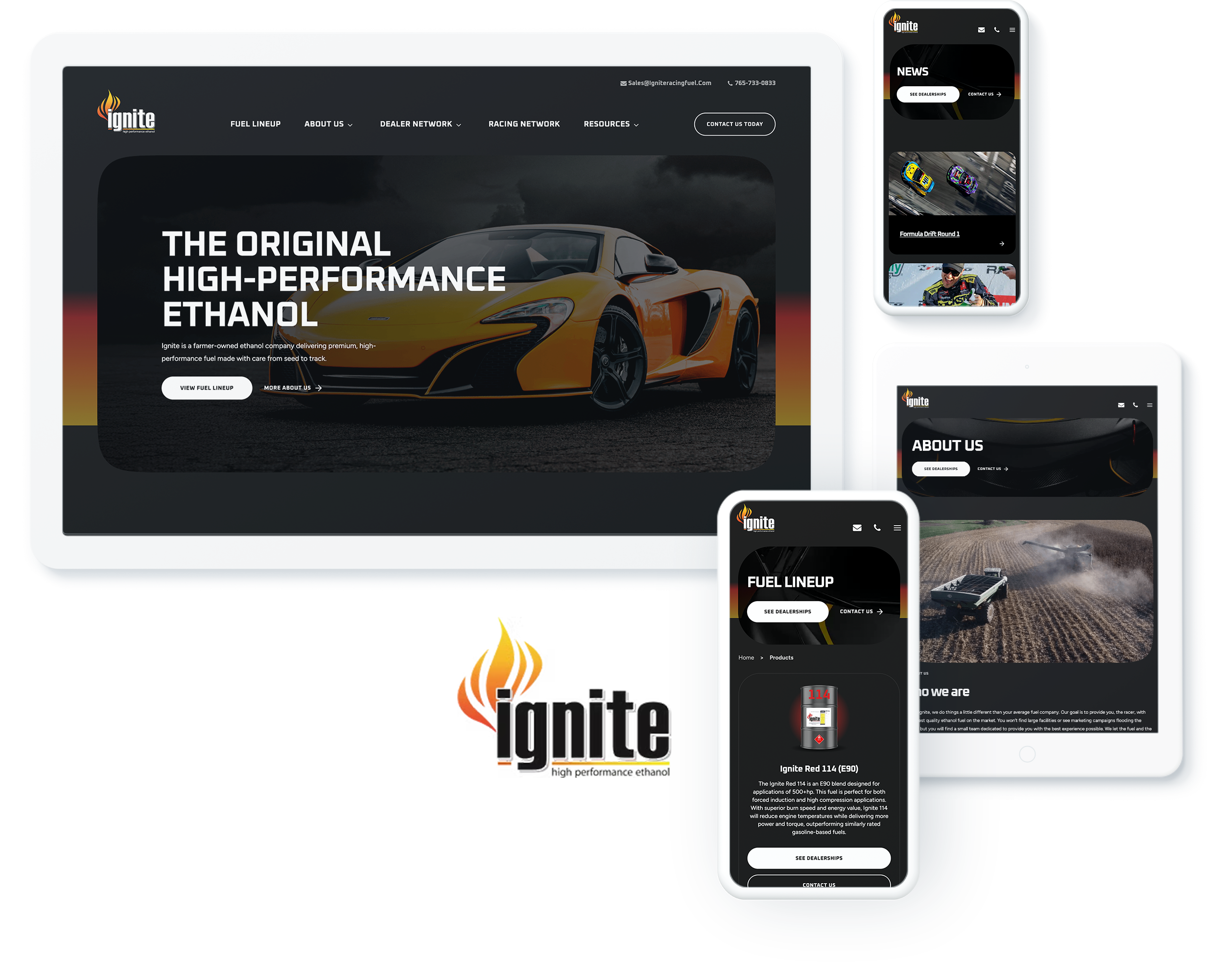 Ignite website across devices, highlighting web design and development success for high-performance racing fuel manufacturer