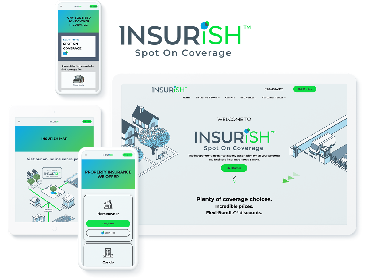 Insurish website on device screens, highlighting success with web design and development services for insurance