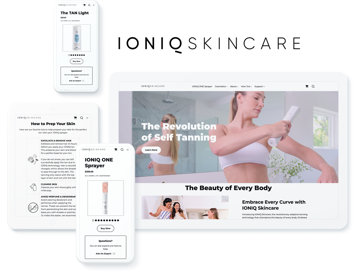 Layout of IONIQ Skincare's site on multiple devices, representing success with website development agency for ecommerce