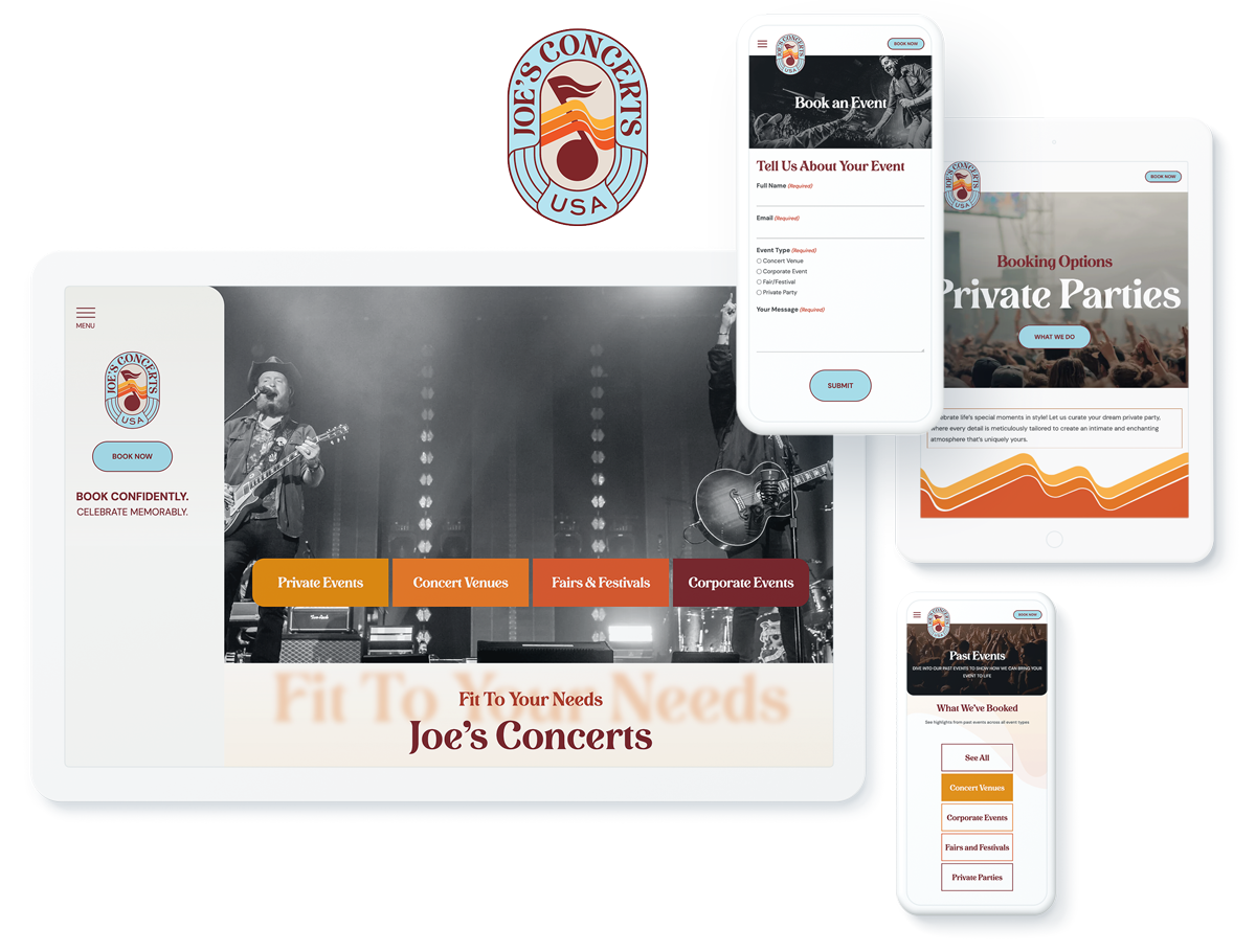 Joe's Concerts website on devices, highlighting success with digital marketing and web design agency services