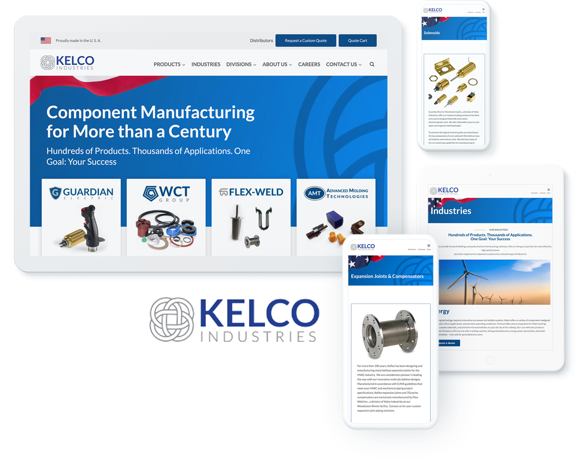 Kelco Industries website displayed on multiple devices, showcasing component manufacturing services and products for industry applications.