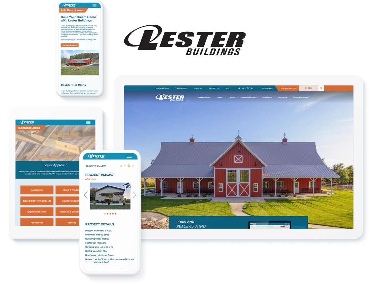 Lester Buildings website on devices, highlighting success with professional services website development agency services