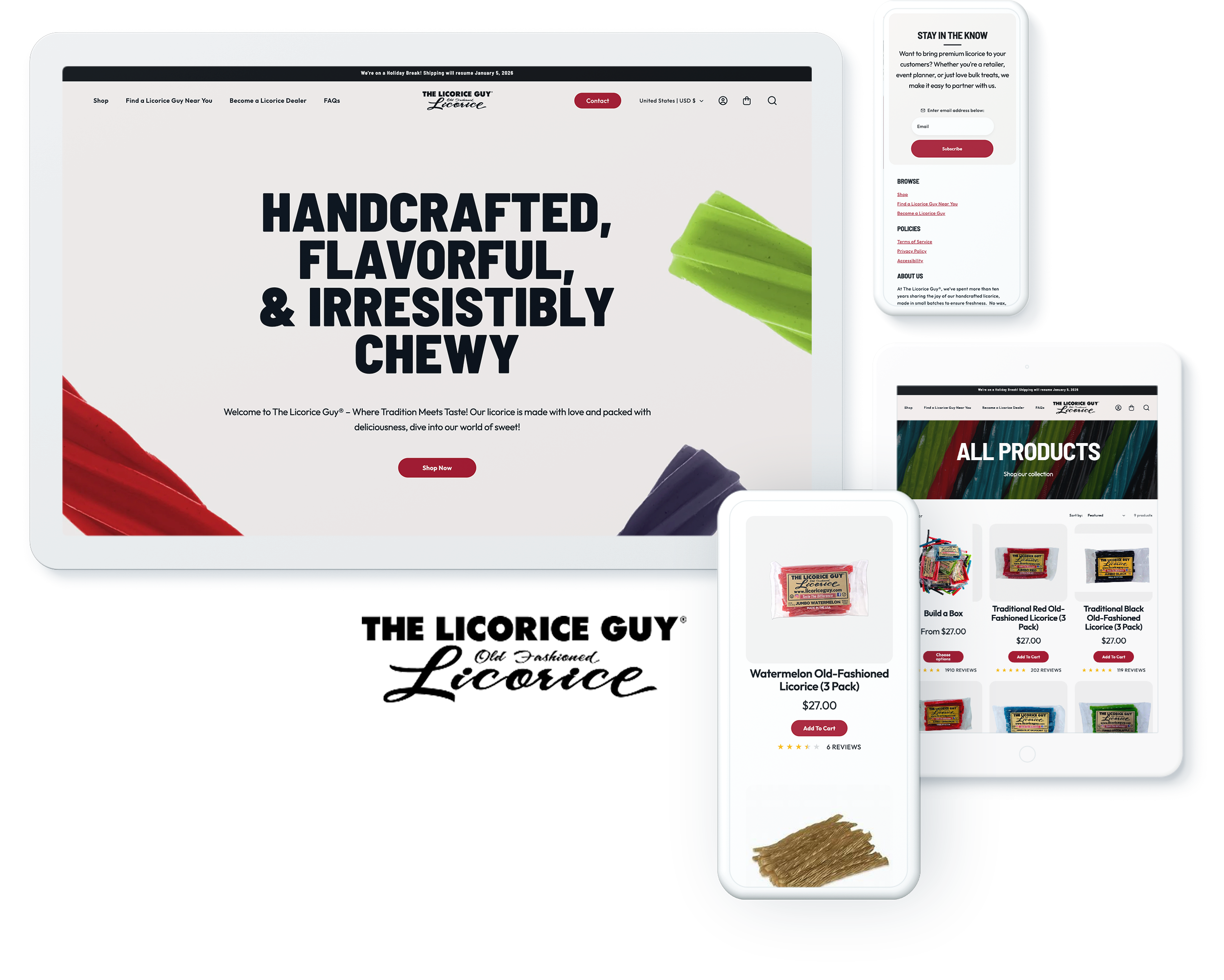 The Licorice Guy ecommerce website on digital screens, displaying responsive web design and development for food manufacturer