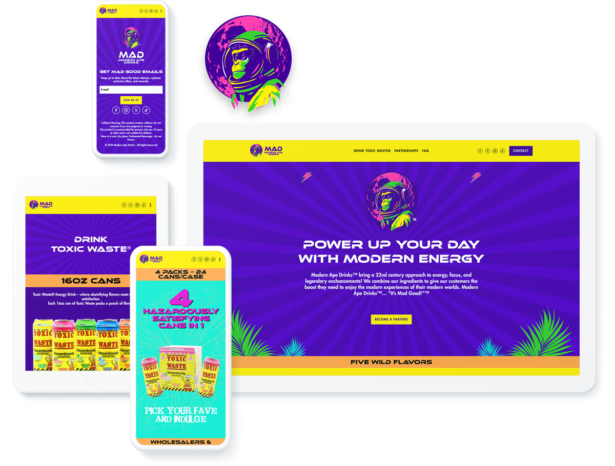 Modern Ape Drinks website on devices, representing business success with website development services for beverage products