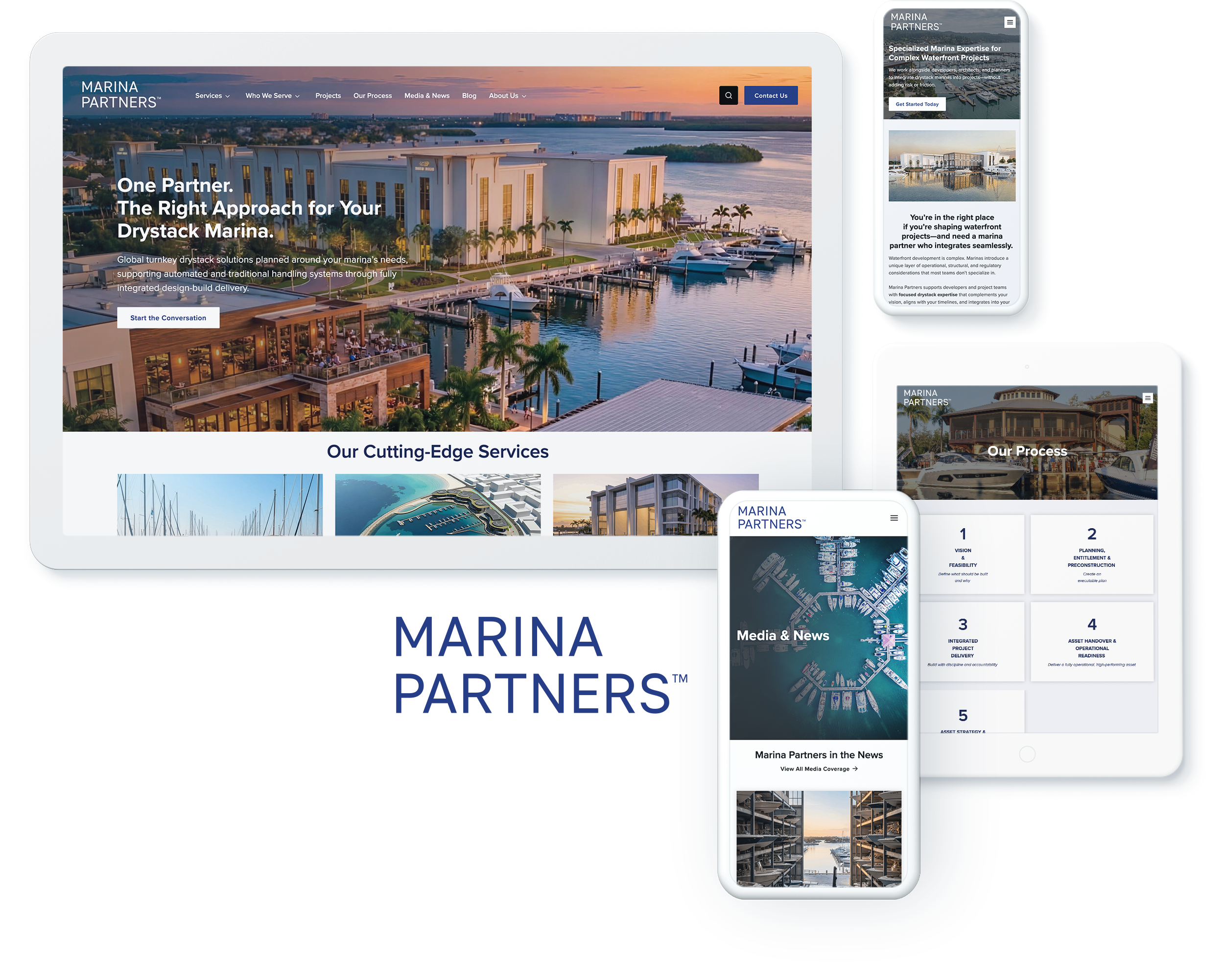 Marina Partners website on digital devices showcasing successful digital marketing for marina development company