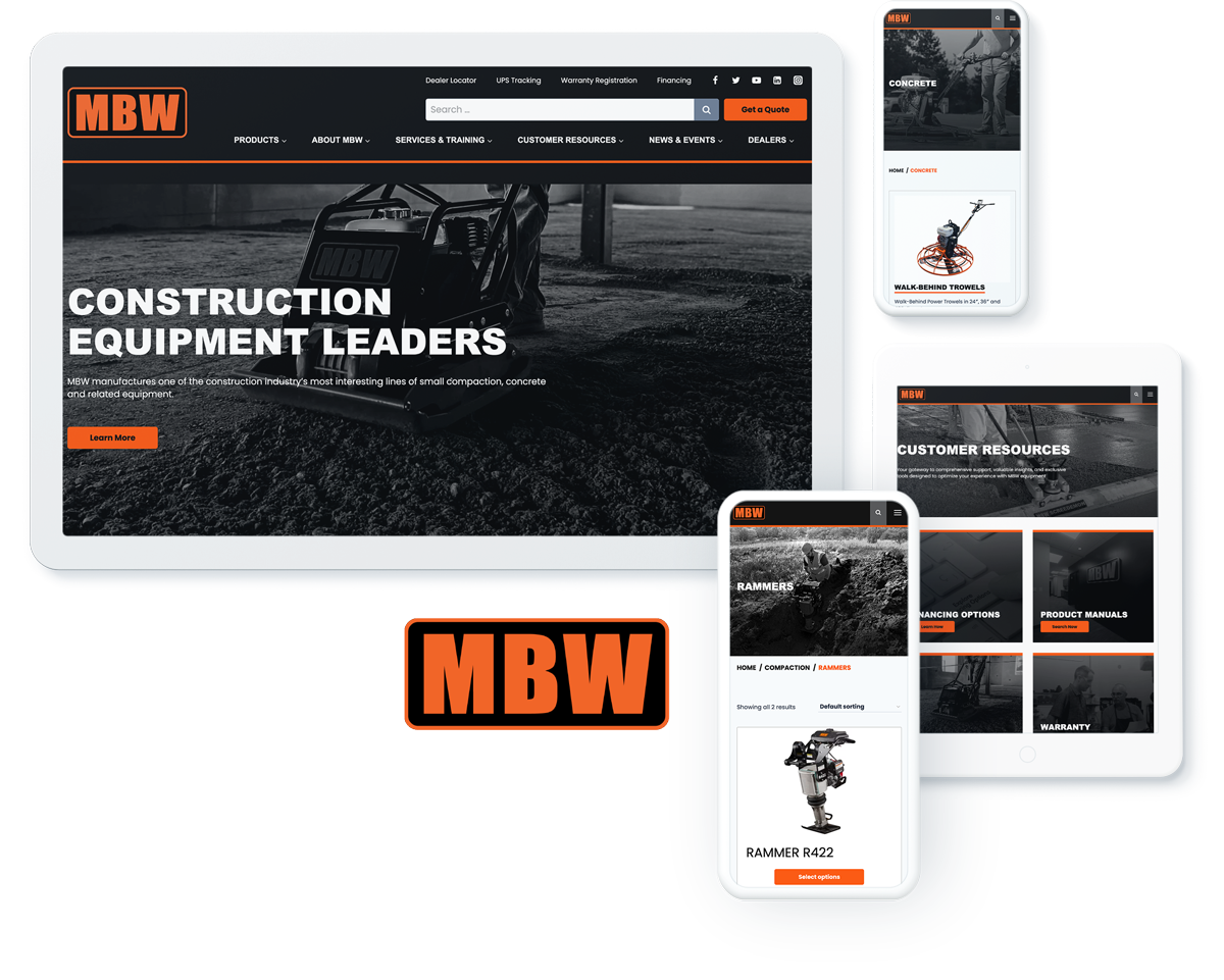 Responsive website design for MBW, a construction equipment leader, shown on various digital devices.