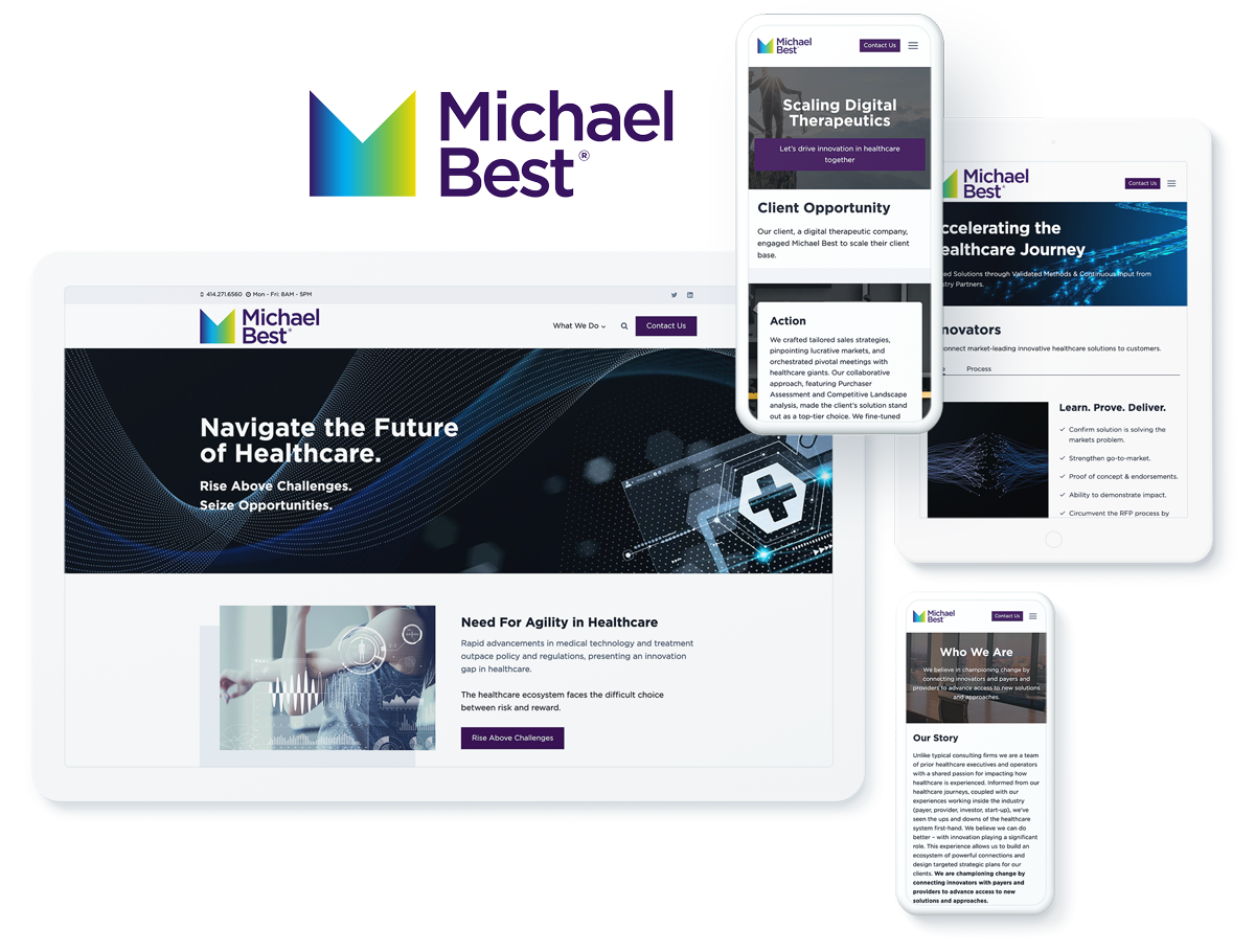Michael Best website on screens, highlighting business success with website development and digital marketing for healthcare