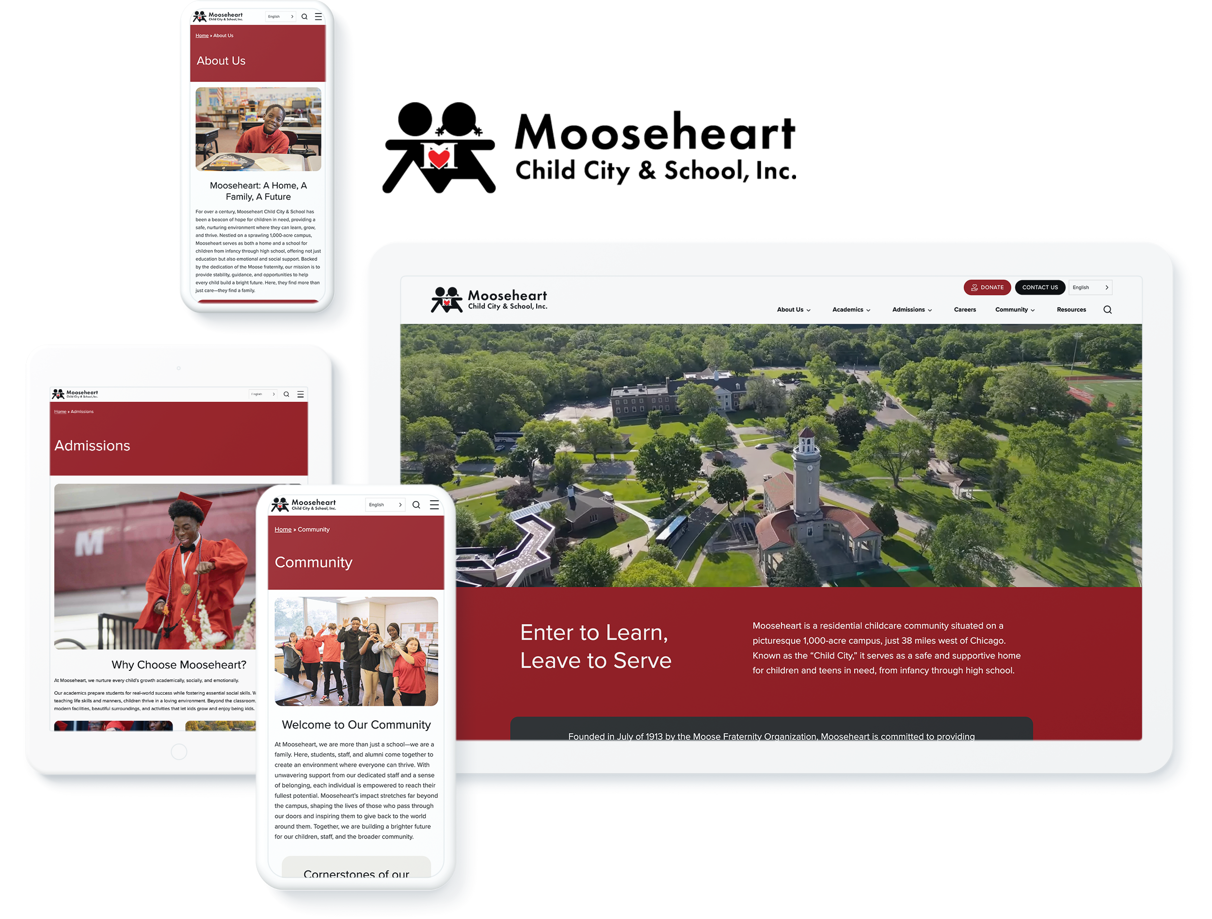Mooseheart childcare and school website on digital devices, highlighting successful web design and development for  education