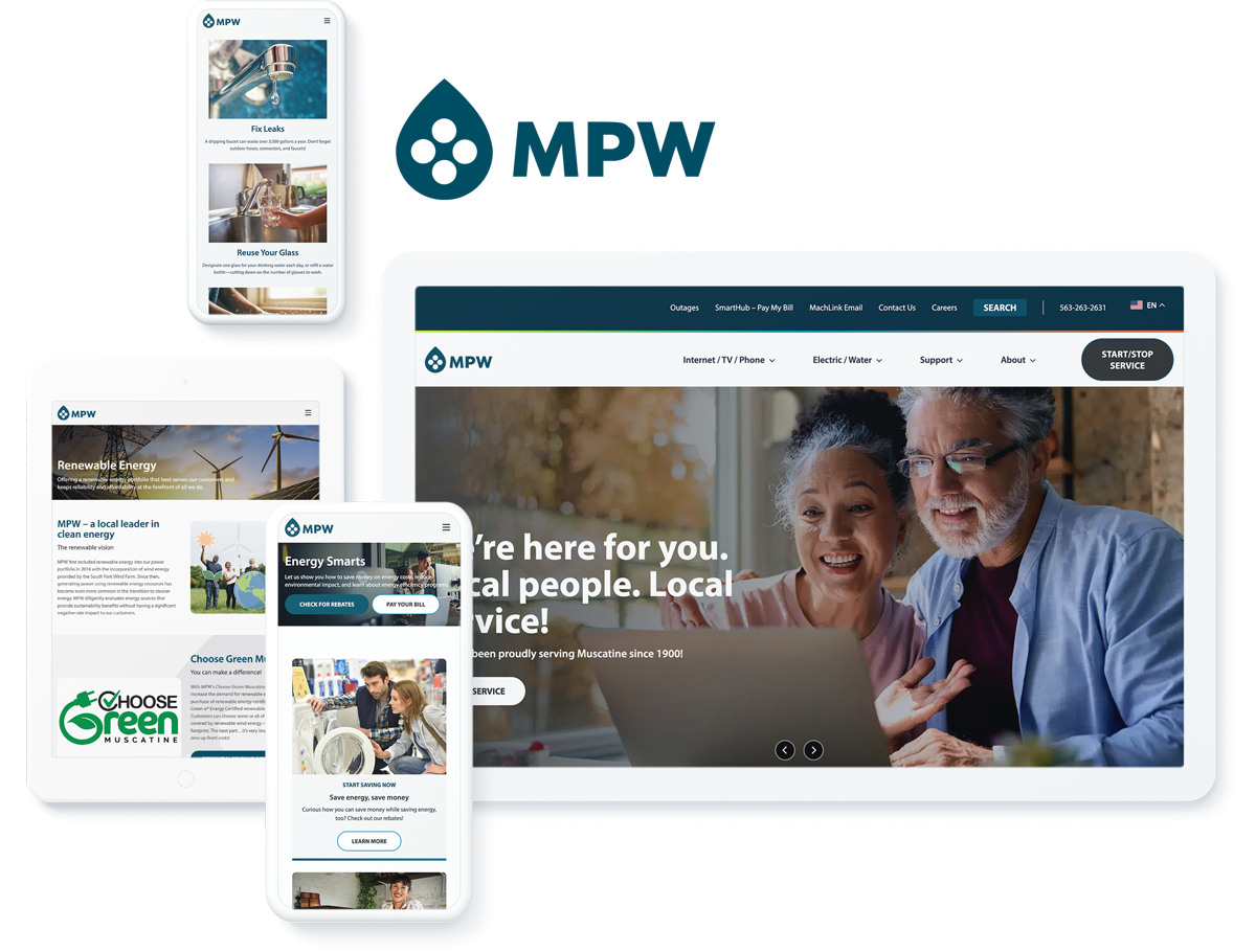 Muscatine Power and Water's website across digital devices showcasing successful digital marketing for energy and utilities