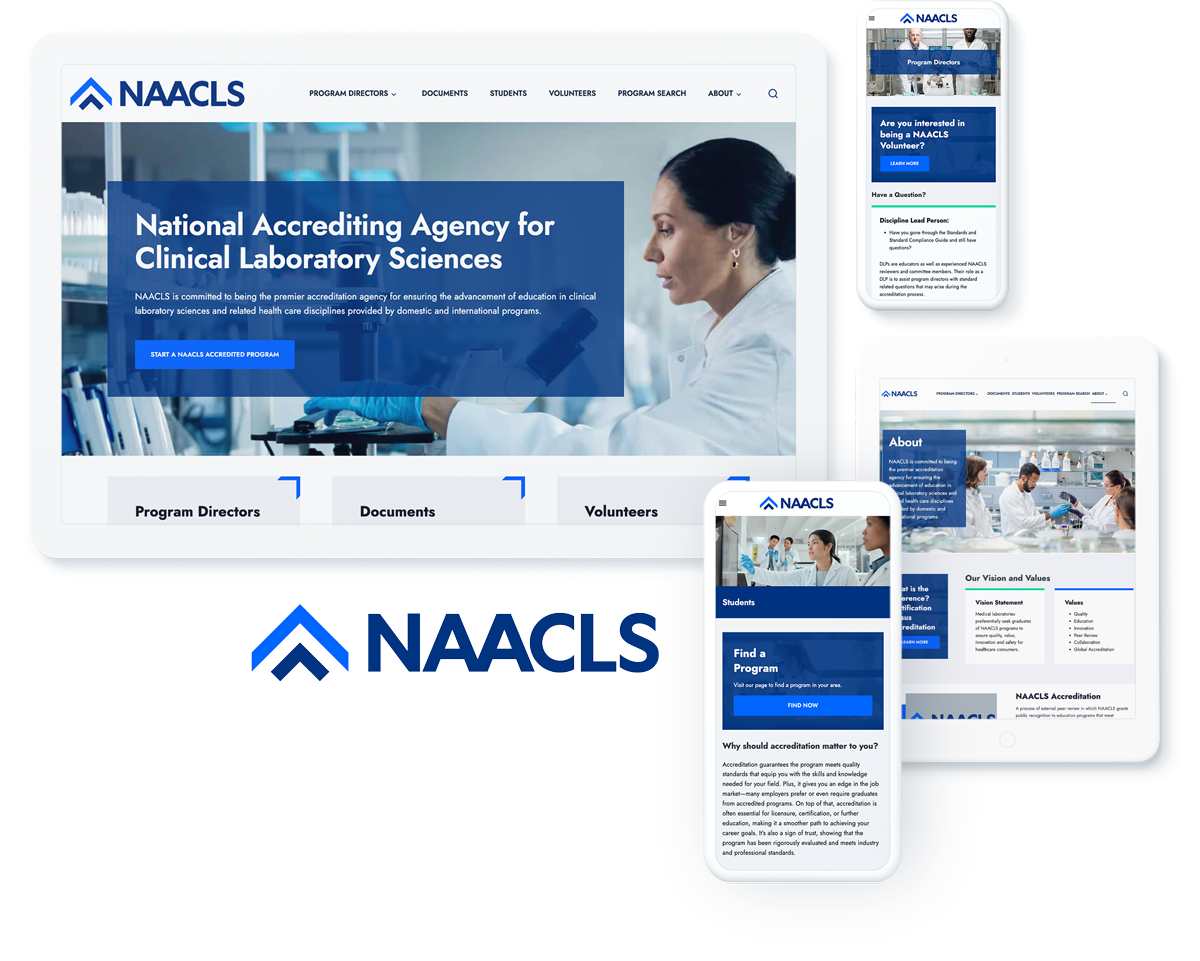 NAACLS healthcare education accreditation agency website on device screens, showcasing successful web design and development
