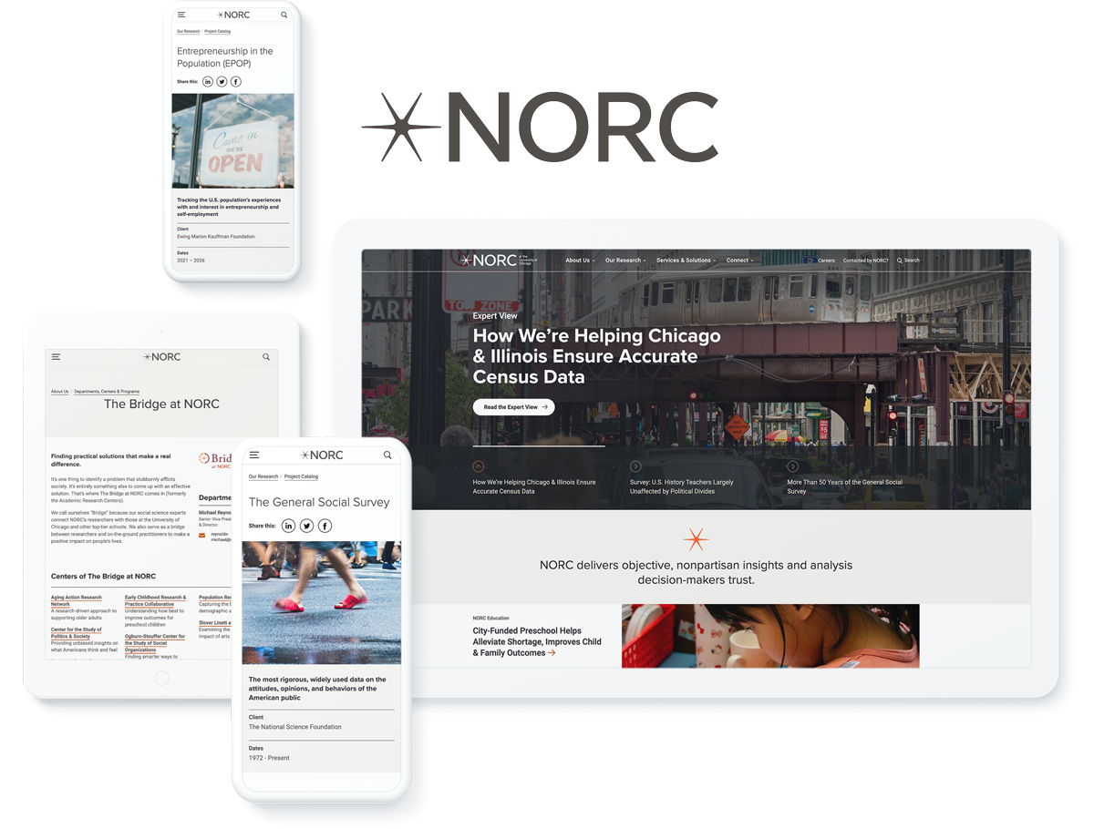 NORC website on devices, highlighting success with web development agency services for research organization