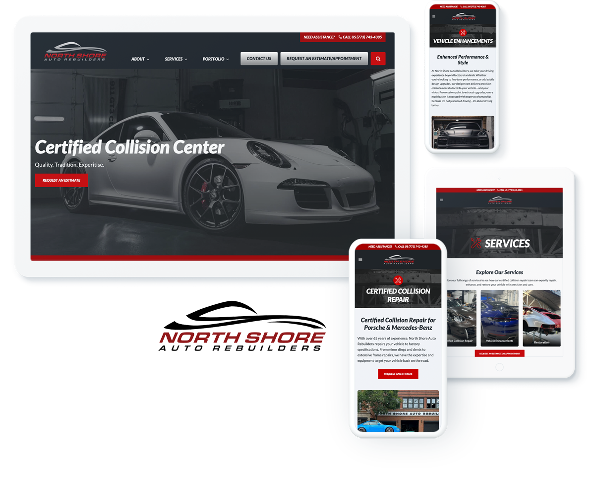 North Shore Auto Rebuilders website on digital devices showcasing successful digital marketing for luxury auto repair services