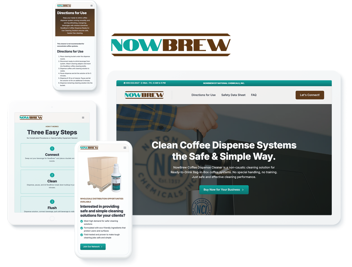 National Chemical's NowBrew coffee machine cleaning solutions website on devices, indicating successful web design for B2B