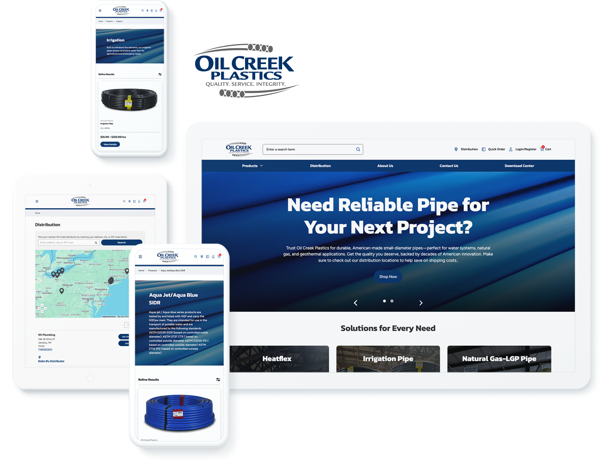 Oil Creek Plastics manufacturing website on devices, displaying successful ecommerce website design and development services