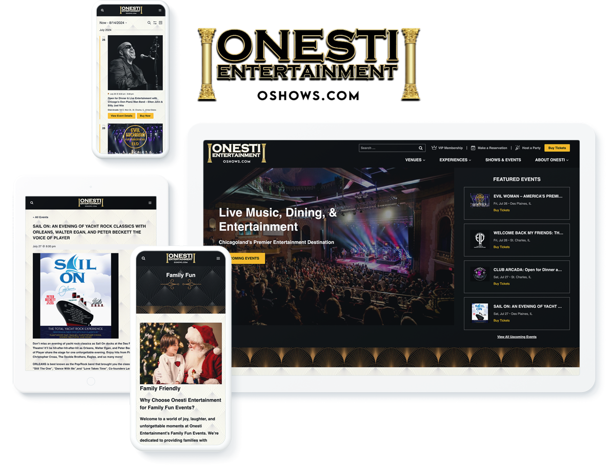 Onesti Entertainment website on devices, indicating business success with web development services for entertainment industry