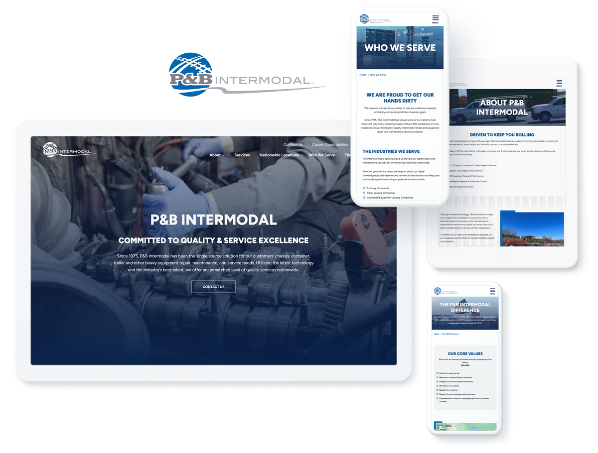 Cross-platform display of P&B Intermodal's website showcasing their service commitments and industry coverage.