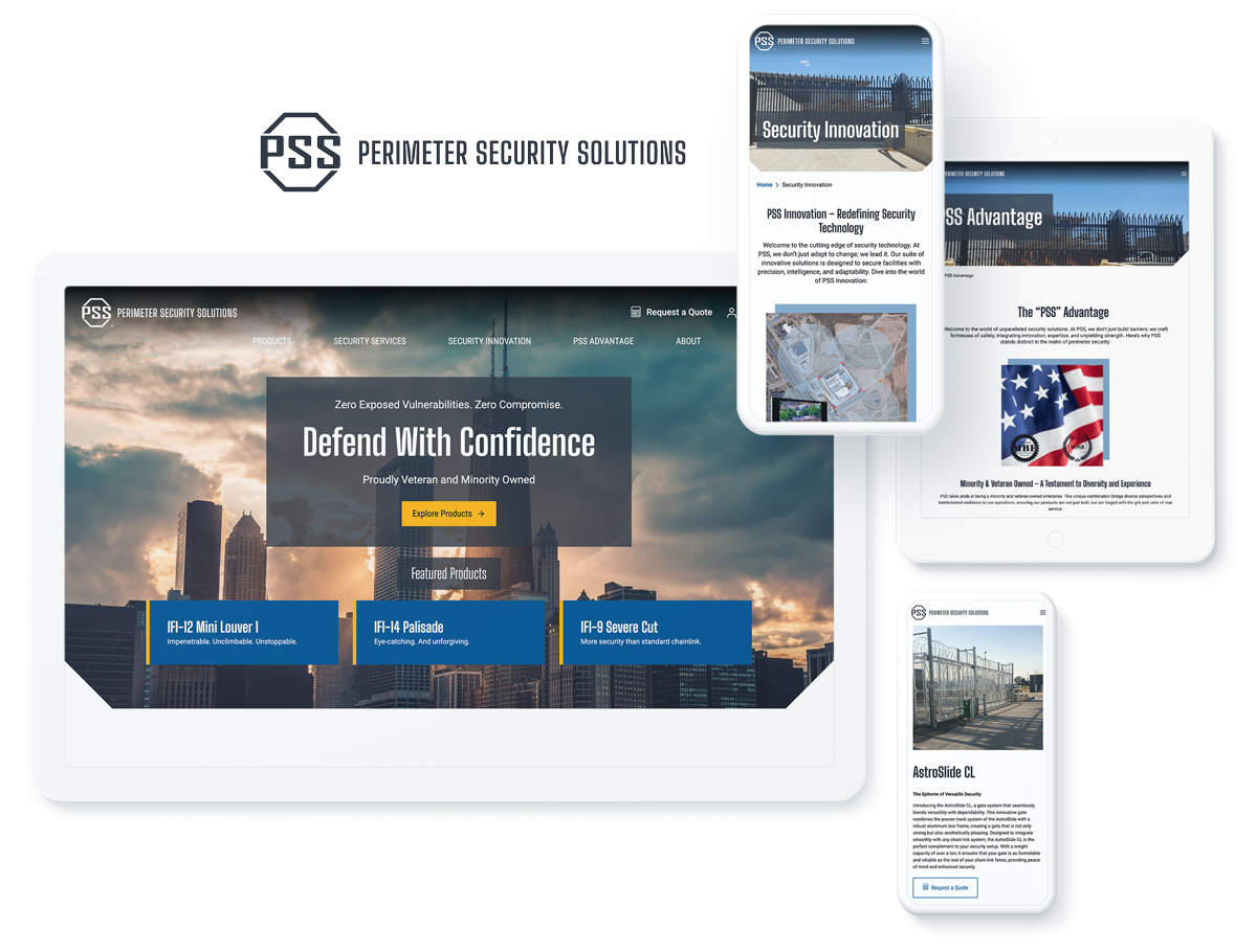 graphic of Perimeter Security Solutions website on device screens, showcasing web design and development success