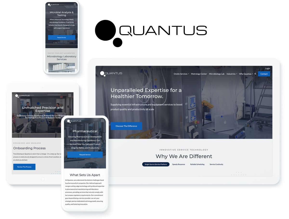 Quantus website on device screens, representing business success with web development services for life sciences industry