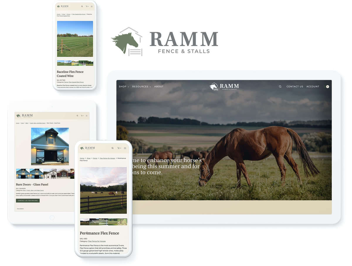 Ramm Fence and Stalls manufacturing website on device screens, showcasing successful web design and development for ecommerce