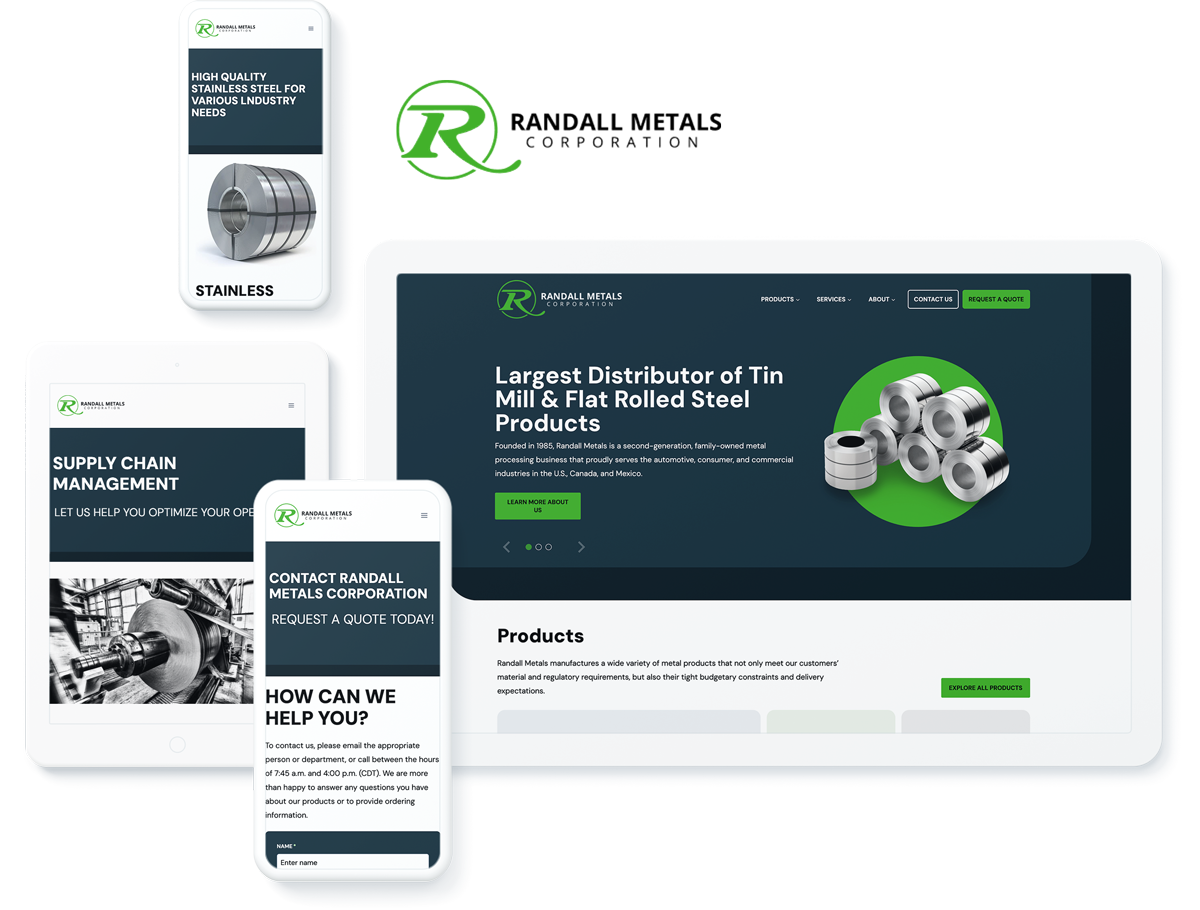Randall Metals website on device screens, highlighting success with web design and development services for manufacturers