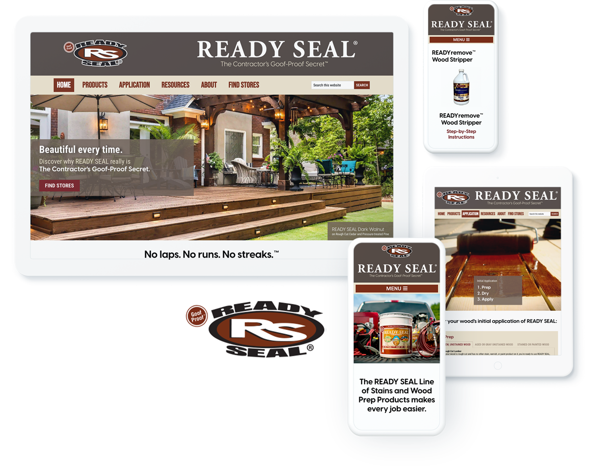 Ready Seal ecommerce website on device screens, depicting success with web design, development, and digital marketing agency