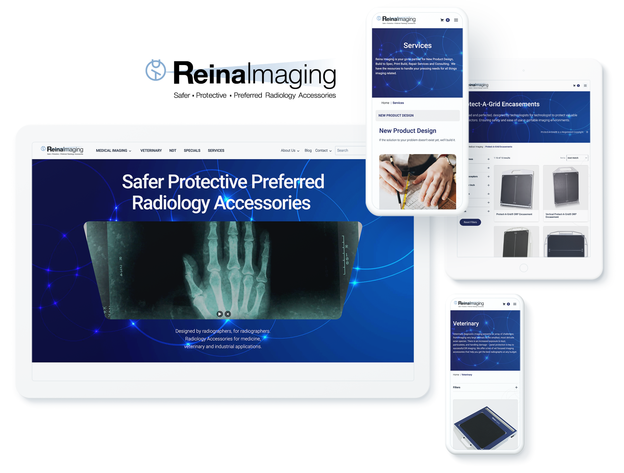 Reina Imaging website on digital devices showcasing successful digital marketing for medical imaging manufacturer