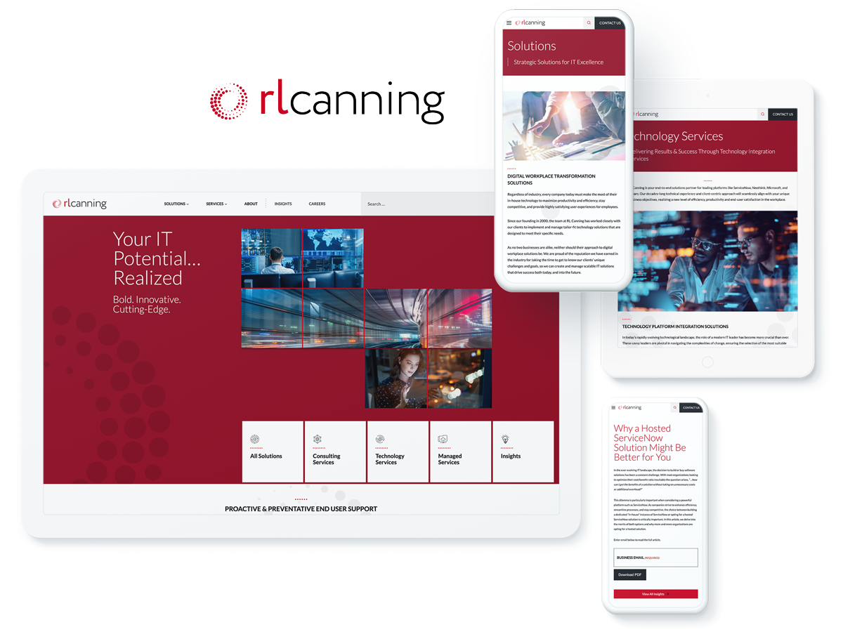 RL Canning website on digital devices, highlighting business success with web design and development services for consulting